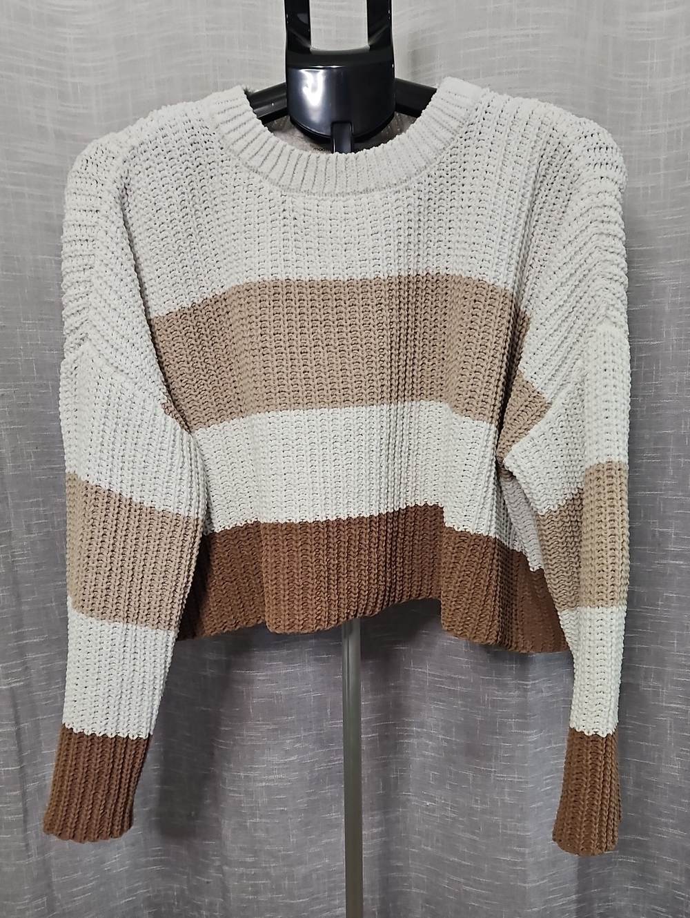 moon & madison Cream, Tan & Brown Striped Cropped Crew Sweater